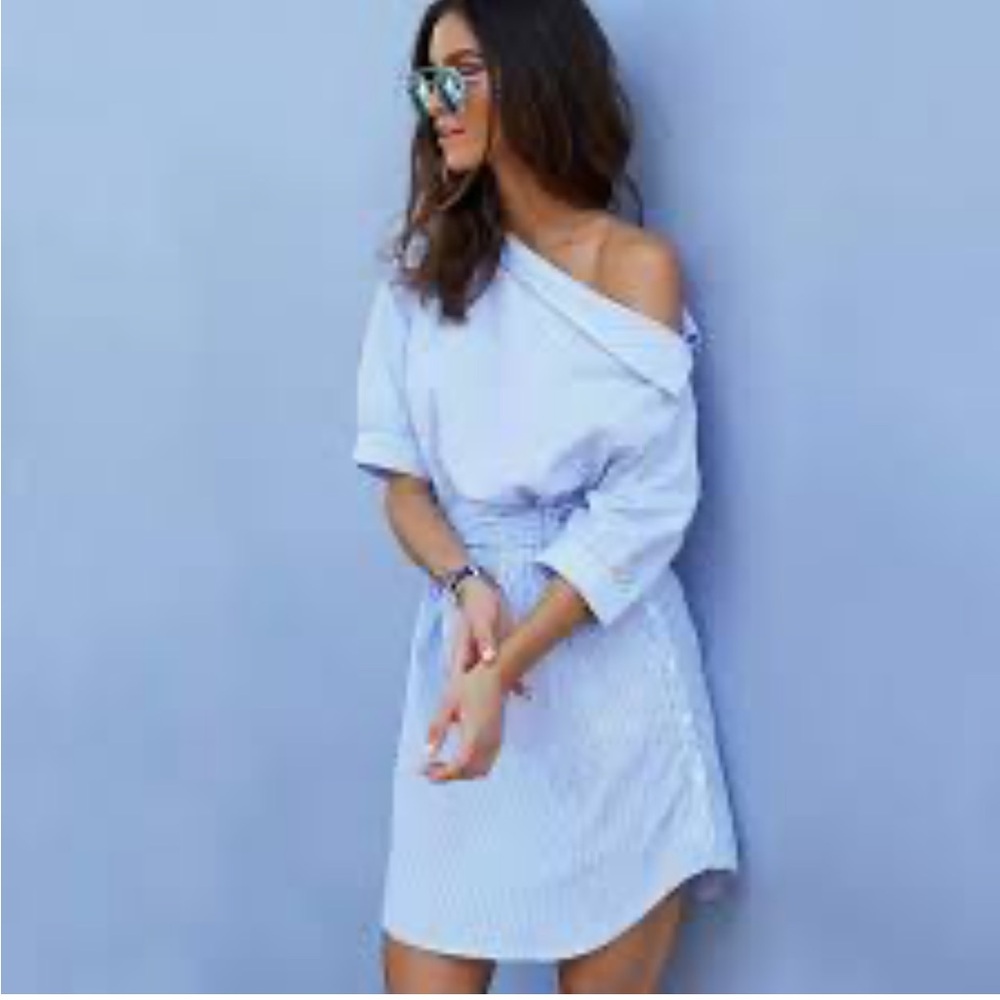 Half Sleeve One Shoulder Striped Beach Shirt Dress Size Large